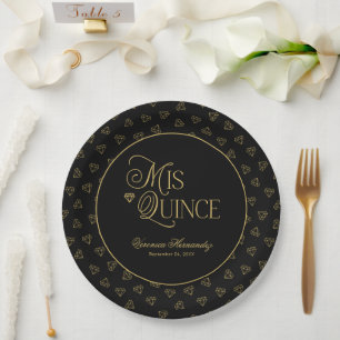 Personalized Black Gold Mis Quince Quinceanera Paper Plate