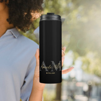 Personalized Black Gold Modern Monogram Minimalist Thermal Tumbler