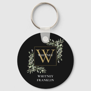 Personalized Black Gold Monogram Elegant Greenery Keychain