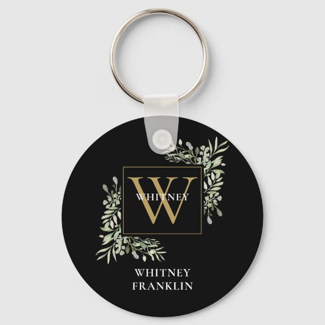 Personalized Black Gold Monogram Elegant Greenery Keychain (Front)