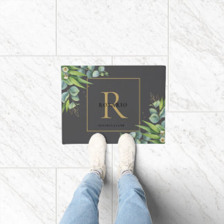 Personalized Black Gold Monogram Eucalyptus Leaf Doormat