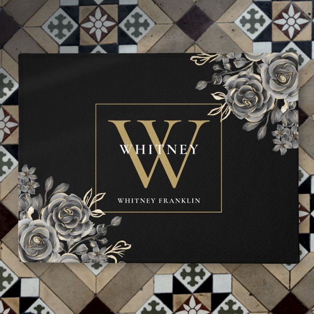 Personalized Black Gold Monogram Floral Roses Doormat (Personalized Black Gold Monogram Floral Roses Doormat)