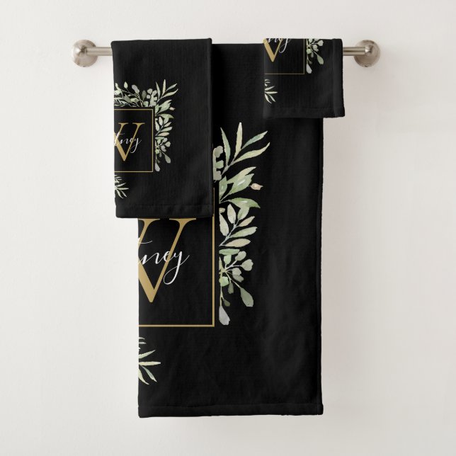 Personalized Black Gold Monogram Greenery Floral Bath Towel Set (Insitu)