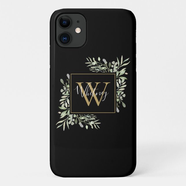 Personalized Black Gold Monogram Greenery Floral Case-Mate iPhone Case (Back)