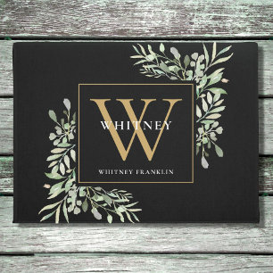 Personalized Black Gold Monogram Greenery Floral D Doormat
