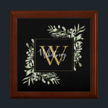 Personalized Black Gold Monogram Greenery Floral Gift Box<br><div class="desc">Elegant watercolor greenery leaves floral monogram name gift box featuring a gold monogram initial on a black background with your name set in a stylish white script. Designed by Thisisnotme©</div>