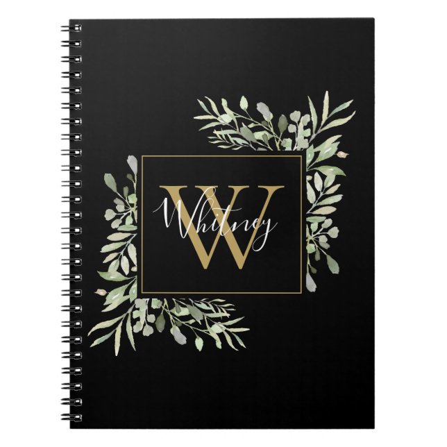 Personalized Black Gold Monogram Greenery Floral Notebook (Front)