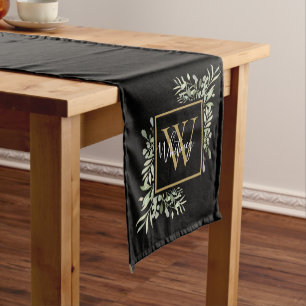 Personalized Black Gold Monogram Greenery Floral Short Table Runner