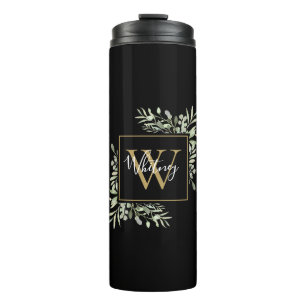 Personalized Black Gold Monogram Greenery Floral Thermal Tumbler