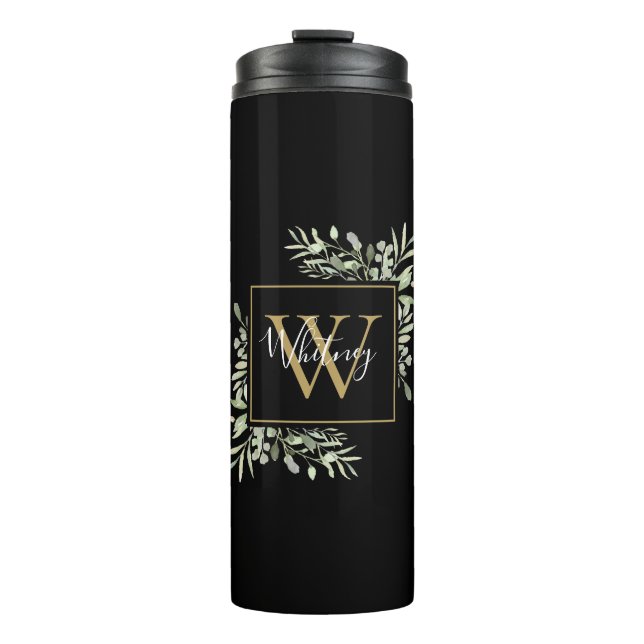 Personalized Black Gold Monogram Greenery Floral Thermal Tumbler (Front)