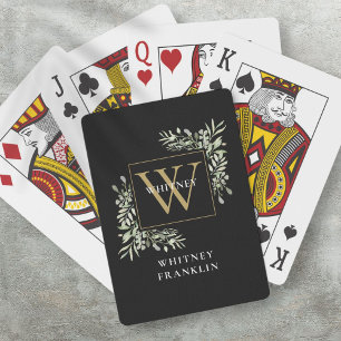 Personalized Black Gold Monogram Greenery Playing Cards