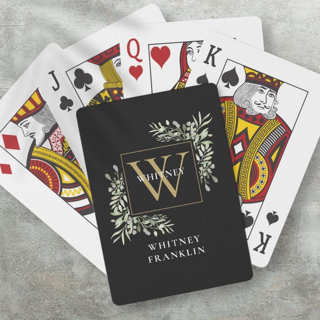 Personalized Black Gold Monogram Greenery Playing Cards (Personalized Black Gold Monogram Greenery Playing Cards)