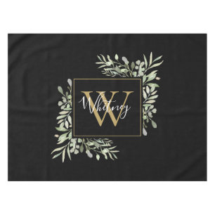 Personalized Black Gold Monogram Greenery Tablecloth