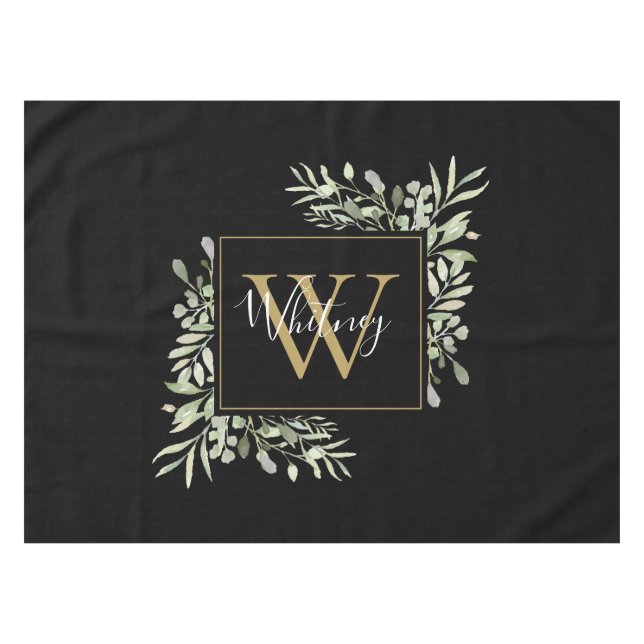 Personalized Black Gold Monogram Greenery  Tablecloth (Front (Horizontal))
