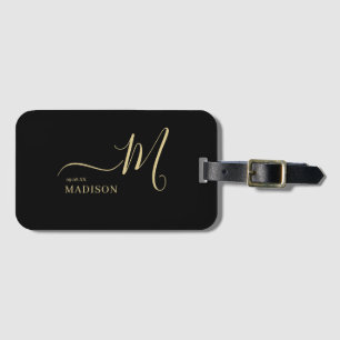 Personalized Black Gold Monogram Script Wedding Luggage Tag