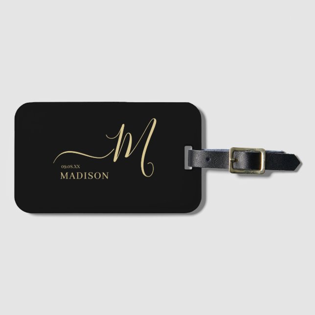 Personalized Black Gold Monogram Script Wedding Luggage Tag (Front Horizontal)