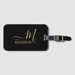 Personalized Black Gold Monogram Script Wedding  Luggage Tag