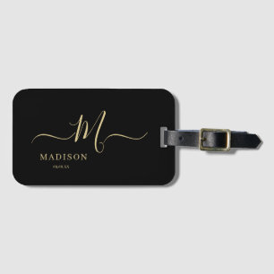 Personalized Black Gold Monogram Script Wedding Luggage Tag