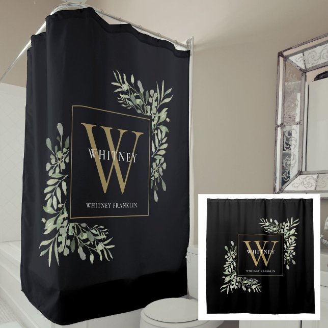 Personalized Black Gold Monogram Watercolor Floral (Personalized Black Gold Monogram Watercolor Floral Shower Curtain)
