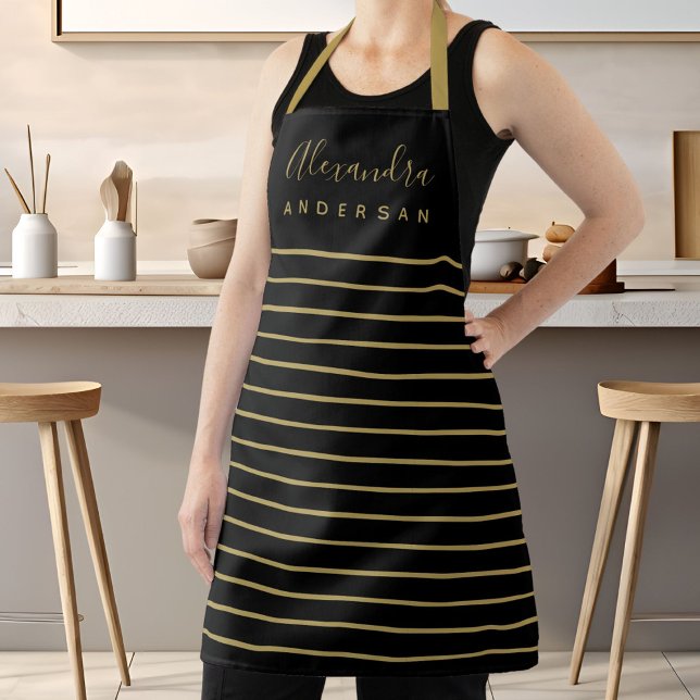 Personalized Black Gold Name Monogram Chef Apron (Elegant Script Name Monogram Black Gold Stripes Apron)