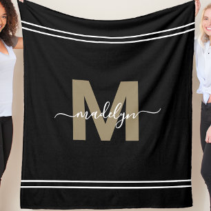 Personalized Black Gold Name Monogram Fleece Blanket