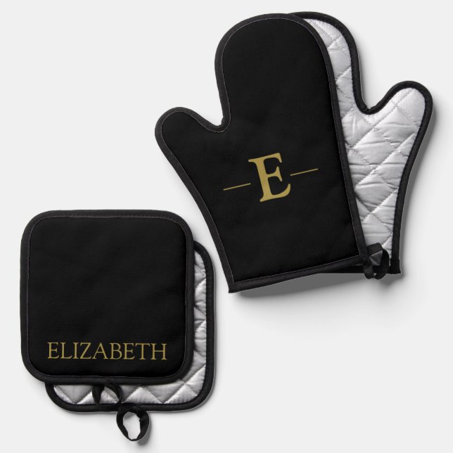 Personalized Black & Gold Oven Mitt and Pot Holder Oven Mitt & Pot Holder Set (Front/Back)