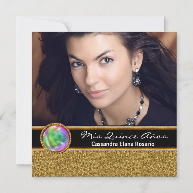 Personalized Black Gold Photo Quinceanera Invitation (Front)