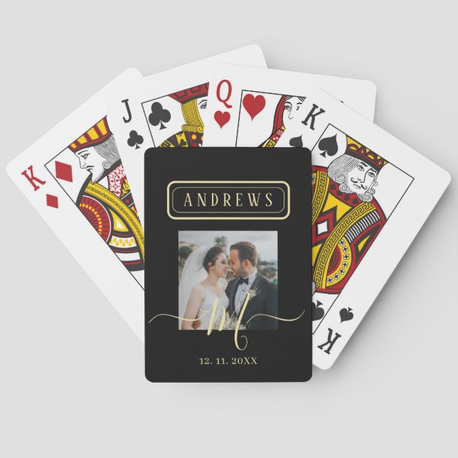 Personalized Black & Gold Photo Signature Wedding  Playing Cards (Back)