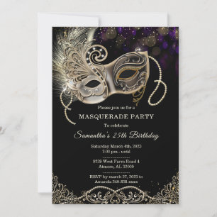 Personalized  Black Gold  Purple Masquerade Party Invitation