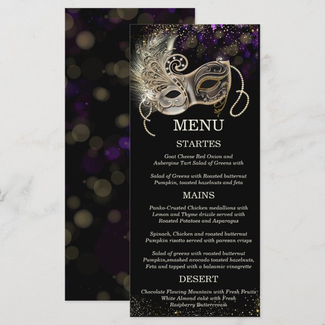 Personalized  Black Gold  Purple Masquerade Party Menu (Front/Back)