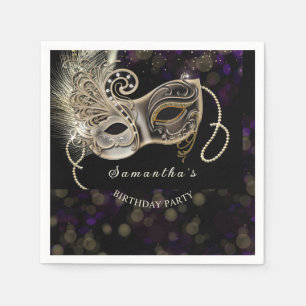 Personalized Black Gold Purple Masquerade Party Napkin