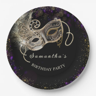 Personalized Black Gold Purple Masquerade Party Paper Plate