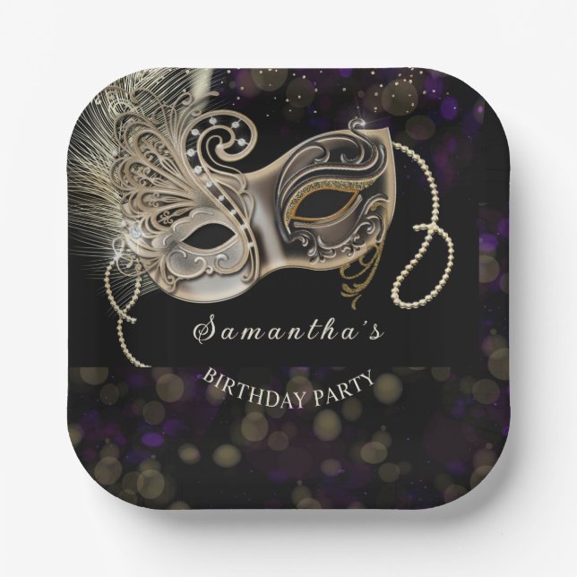 Personalized  Black Gold  Purple Masquerade Party Paper Plate (Front)