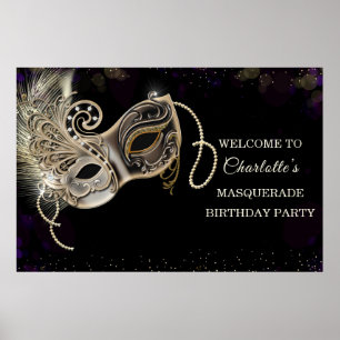 Personalized Black Gold Purple Masquerade Party Poster