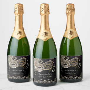 Personalized Black Gold Purple Masquerade Party Sparkling Wine Label