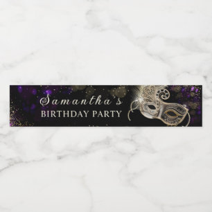 Personalized Black Gold Purple Masquerade Party Water Bottle Label