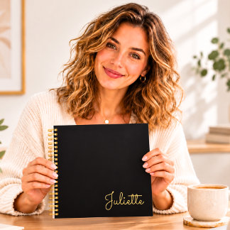 Personalized Black Gold Script Name Square Spiral Notebook