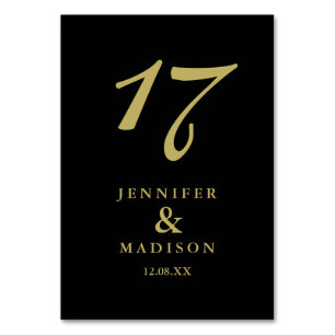 Personalized black gold script wedding Table Card
