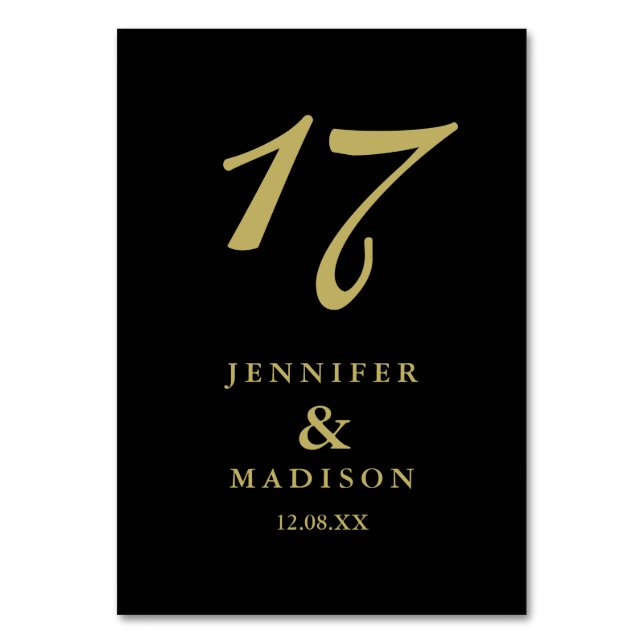 Personalized black gold script wedding Table Card (Front)