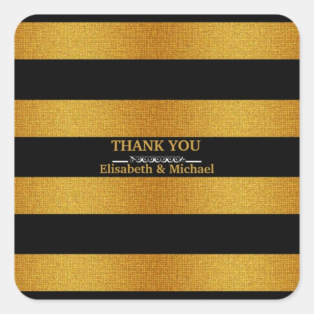 Personalized Black & Gold Stripes Thank You Square Sticker (Front)