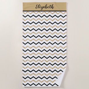 Personalized Black Gold White Chevron Zig Zag  Beach Towel