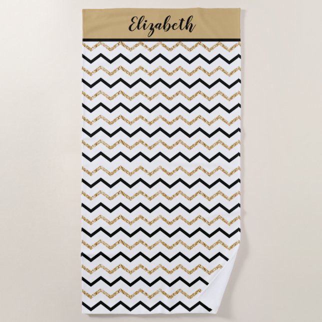Personalized Black Gold White Chevron Zig Zag  Beach Towel (Front)