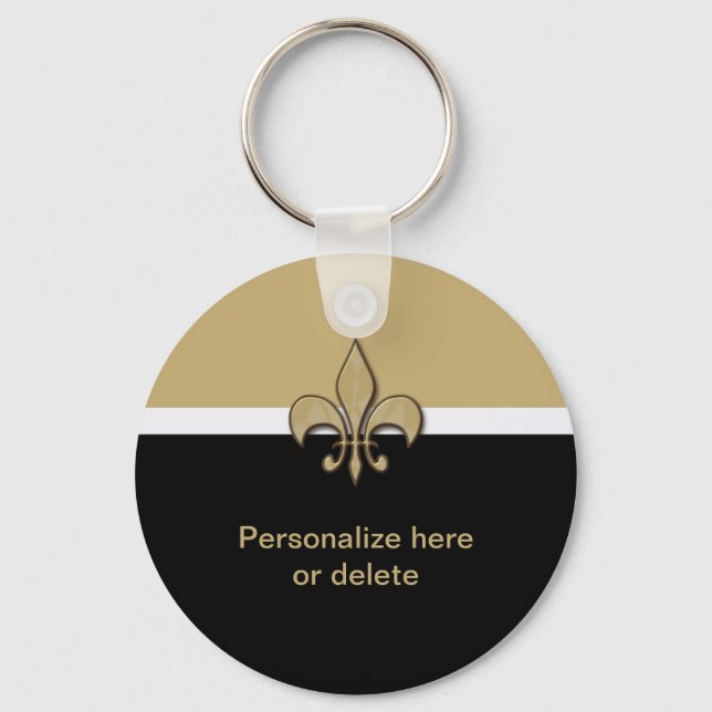 Personalized Black Gold White Fleur de Lis Keychain (Front)