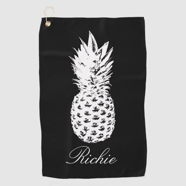 Personalized black golf towel with pineapple image (Front)