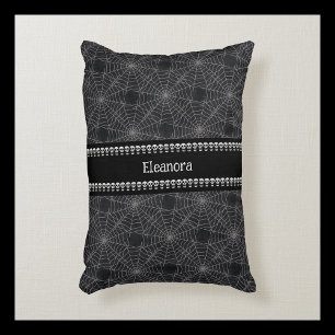 Personalized Black Gothic Skull and Spiderweb Name Accent Pillow
