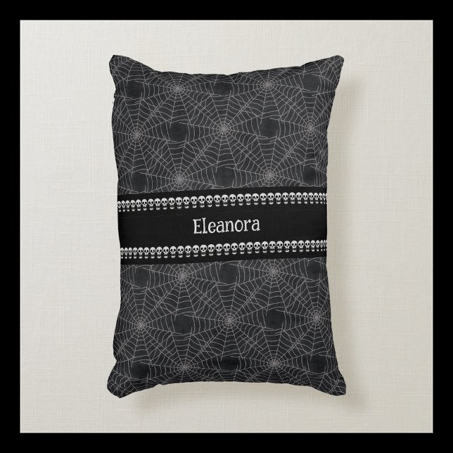 Personalized Black Gothic Skull and Spiderweb Name Accent Pillow (Creator Uploaded)