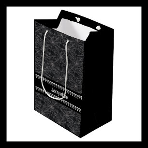 Personalized Black Gothic Skull and Spiderweb Name Medium Gift Bag