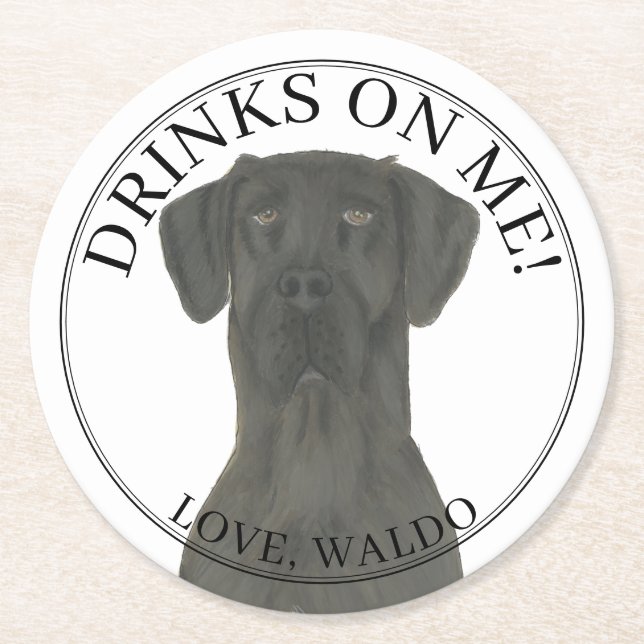 Personalized Black Great Dane Wedding  Round Paper Coaster (Front)
