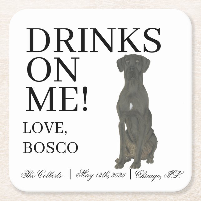 Personalized Black Great Dane Wedding Square Paper Coaster (Front)