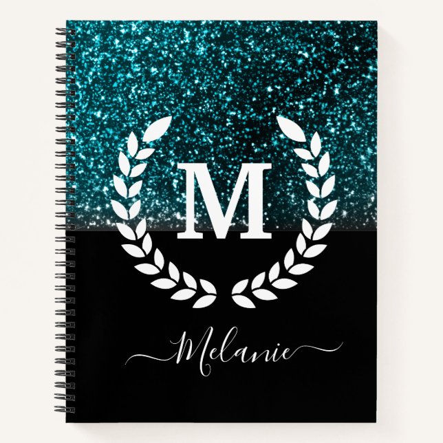 Personalized  Black Green Glitter Monogram Name Notebook (Front)